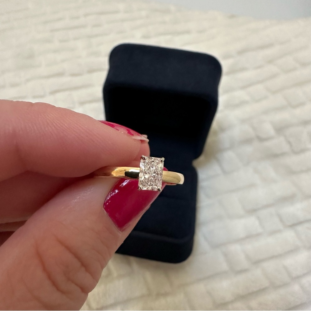NEW 14k yellow gold radiant cut lab grown diamond engagement ring .58 carat sz 7